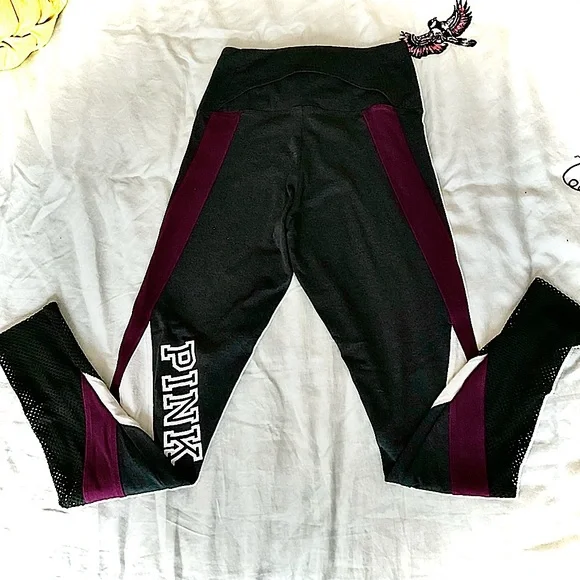 PINK by VS XS leggings Dark Gray Burgundy White fishnet & hidden pockets EUC - Picture 1 of 7